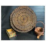 Vintage Round Wicker Basket & Floral Painted Wood Decor - 5-Piece Set