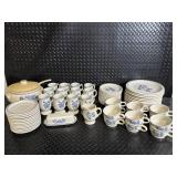 Blue Floral Ceramic Dinnerware Set with Teapot, Mugs, Plates & Butter Dish