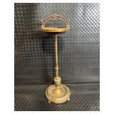 Antique Brass Pedestal Stand with Ornate Back Arch and Circular Tray Top