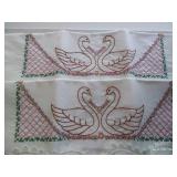 Matching Embroidered Swan Pillow Cases & Pair of Doilies