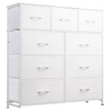 WLIVE 9-Drawer Dresser, Fabric Storage Tower, Tall Chest Organizer Unit with Fabric Bins, Steel Frame, Wood Top, Easy Pull Handle, White