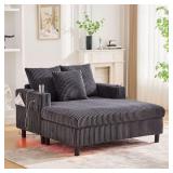 Noble House Ely Gray Chenille Upholstered Chaise Lounge Sofa with USB Charging, RGB Light Strip, Cup Holder, Side Pocket