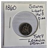 1860 Seated Liberty Half Dime, Type 4, with a legend on the obverse.