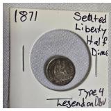 1871 Seated Liberty Half Dime Type 4, with a legend on the obverse.