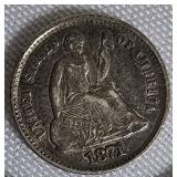1871 Seated Liberty Half Dime Type 4, with a legend on the obverse.