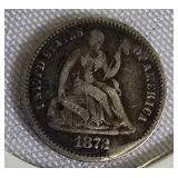 1872 Seated Liberty Half Dime  Type 4, featuring a legend on the obverse side.