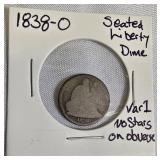 1838 - O - Seated Liberty Dime, Variety 1: No stars on the obverse.