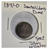 1841 - O - Seated Liberty Dime, Type 2, with Stars and Drapery.