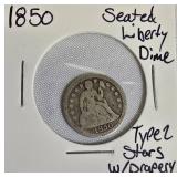 1850 Seated Liberty Dime, Type 2, with Stars and Drapery