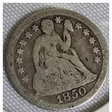 1850 Seated Liberty Dime, Type 2, with Stars and Drapery