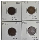 Indian Head Small Cents from the years 1897, 1898, 1901, and 1902.