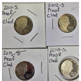 Jefferson Nickel Proof Clad from the years 2011, 2012, 2013, and 2015: