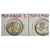 Two Washington quarters from 1964.