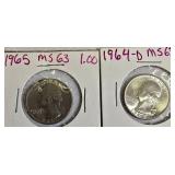 Two Washington quarters from 1964.
