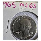 Two Washington quarters from 1964-D and 1965.