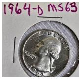 Two Washington quarters from 1964-D and 1965.