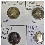 Proof clad Washington Quarters from the years 1986, 1988, 1989, and 1990.