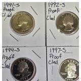 Proof clad Washington Quarters from the years 1991, 1992 1994, and 1997.