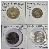 Proof clad Washington Quarters from the years 2004,2005,2009 & 2021.