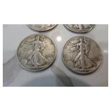 1-1937, 2-1941S,1-1942S Walking Liberty Half Dollars