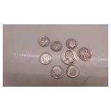Assorted American Coins, 1-Barber 1944 Dime, 5- 1950-1967 Dimes, 1942 Quarter, 1927 Buffalo Nickel