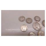 Assorted American Coins, 1-Barber 1944 Dime, 5- 1950-1967 Dimes, 1942 Quarter, 1927 Buffalo Nickel