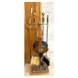 LR - Brass Fireplace Tool Set With Wooden Backplate & Ornate Medallion