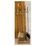 LR - Brass Fireplace Tool Set With Wooden Backplate & Ornate Medallion