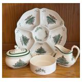 LR - Spode Christmas Tree Platter with Creamer, Sugar Bowl & Bowl