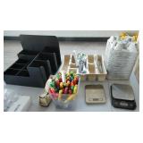 Group of knives, take out containers, scales, organizer
