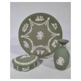 Wedgewood Sage Jasperware Trinket Box, Bud Vase & Plate