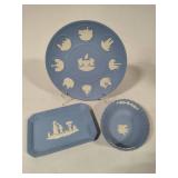 Wedgewood Blue Jasperware London Plate, Small Rectangular Plate & Small Dish