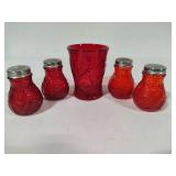 Mosser Glass Inverted Thistle Ruby Red Salt & Pepper Shakers & Tumbler