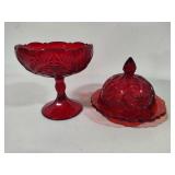 Mosser Glass Inverted Thistle Ruby Red Compote & Covered Dish