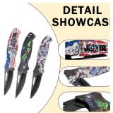 3 Ergonomic Utility Pocket Stainless Steel Knives - Joker, Wolves & Skull Lady - Brand New