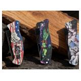 3 Ergonomic Utility Pocket Stainless Steel Knives - Joker, Wolves & Skull Lady - Brand New