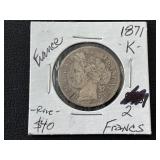 1871-K 2 Francs Silver Rare