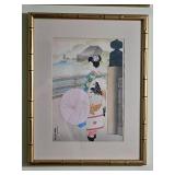 Framed Japanese Woodblock Print Woman with Wisteria Branch