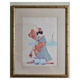 Framed Japanese Woodblock Print Woman with Parasol