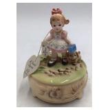 Vintage Josef Musical Figurine – Girl with Lunchbox and Dog