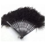 Vintage Black Feather Folding Fan – White Painted Floral Design