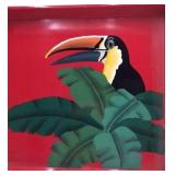Vintage Tropical Toucan Serving Tray – Red with Painted Bird and Leaves