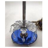 Vintage Pair of Blue Glass Base Table Lamps – Crystal Drops and Net Shades
