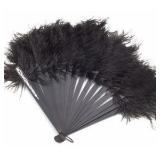 Vintage Black Feather Folding Fan – White Painted Floral Design