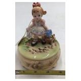 Vintage Josef Musical Figurine – Girl with Lunchbox and Dog