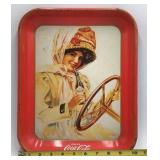 Vintage Coca-Cola Serving Tray – Red Metal with Woman Driving Scene