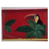 Vintage Tropical Toucan Serving Tray – Red with Painted Bird and Leaves