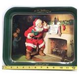 Vintage Coca-Cola Santa Tray – Green Metal with Fireplace Scene