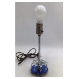 Vintage Pair of Blue Glass Base Table Lamps – Crystal Drops and Net Shades