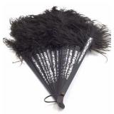 Vintage Black Feather Folding Fan – White Painted Floral Design
